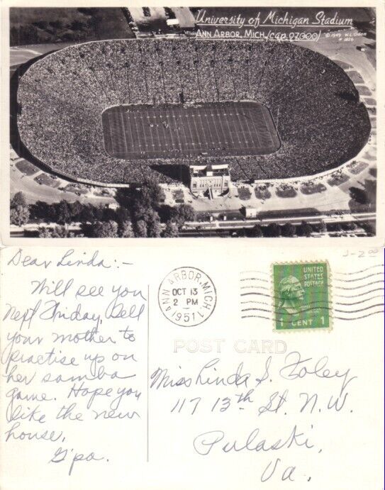 1949 Michigan Stadium vintage black and white football postcard postmarked 1951