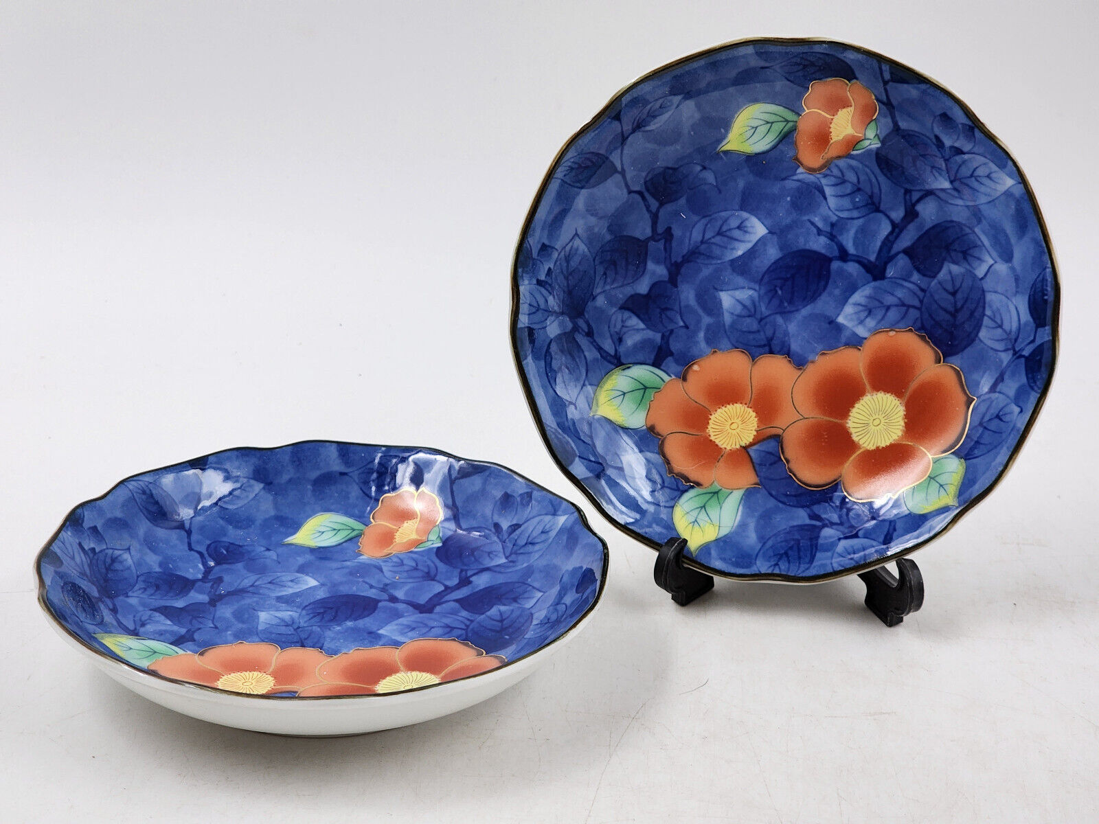 2 Arita Porcelain Cobalt Blue Bowls with Orange Peony Flowers Japan Signed
