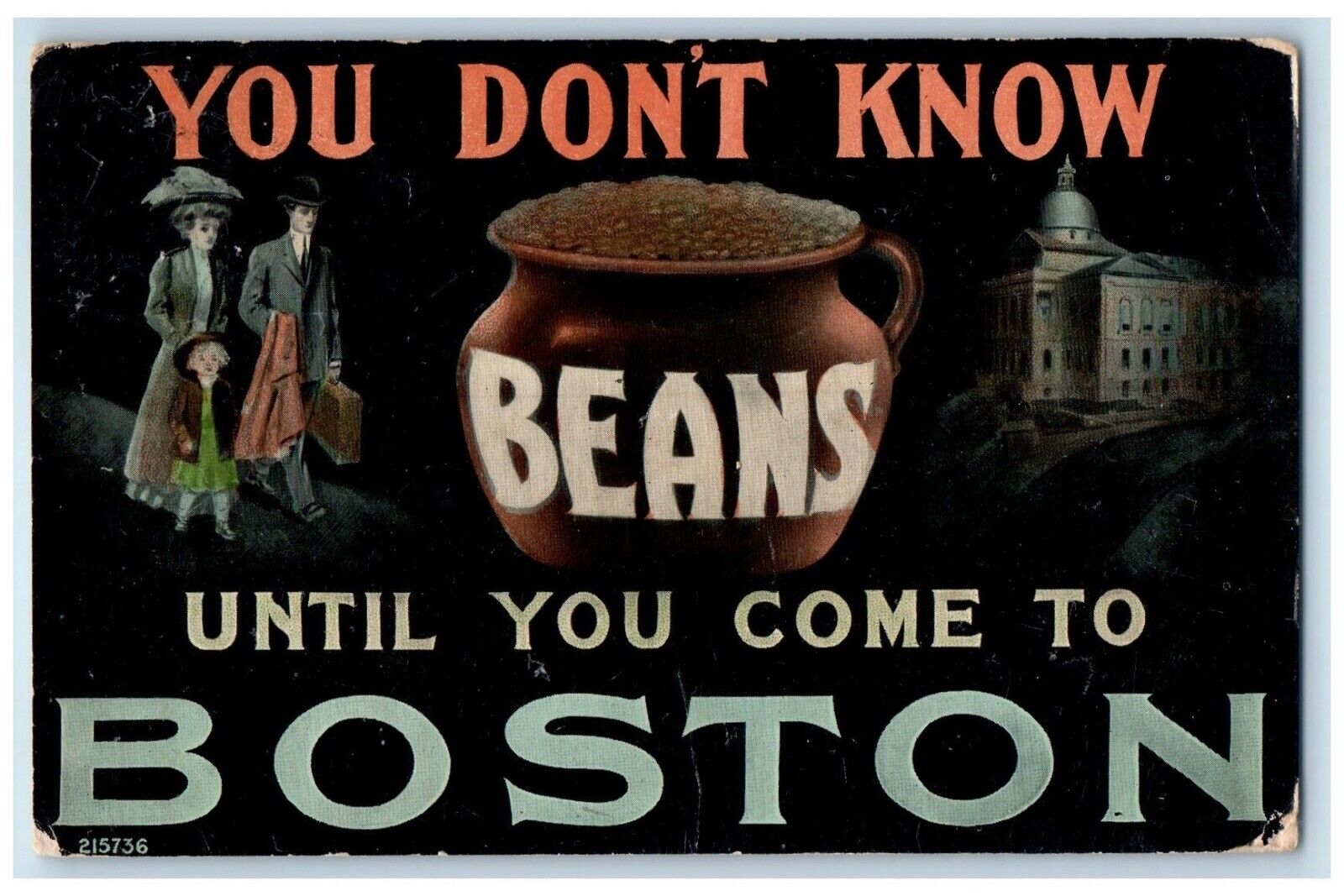 1912 You Don\'t Know BEANS Until Boston Humor Newton Center MA Postcard