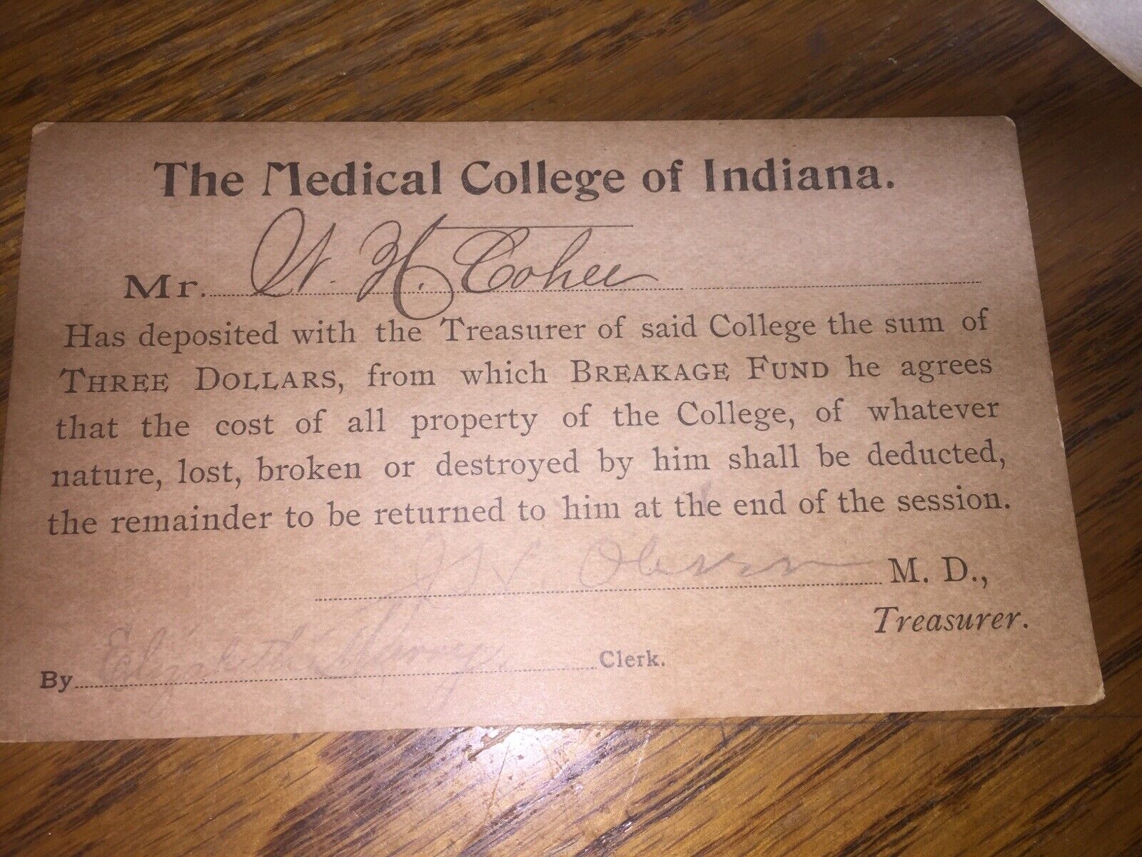 Vintage / Antique Deposit For Damage Card 1890s The Medical College Of Indiana
