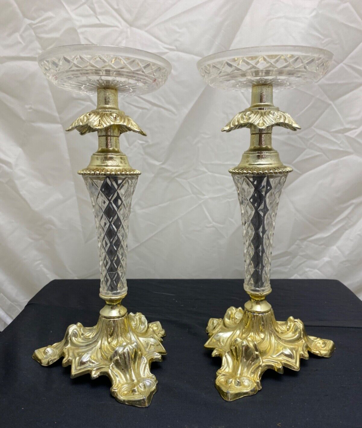 A Pair Of Hollywood Regency Cast Metal & Lucite Acrylic Candlestick Holders Veg