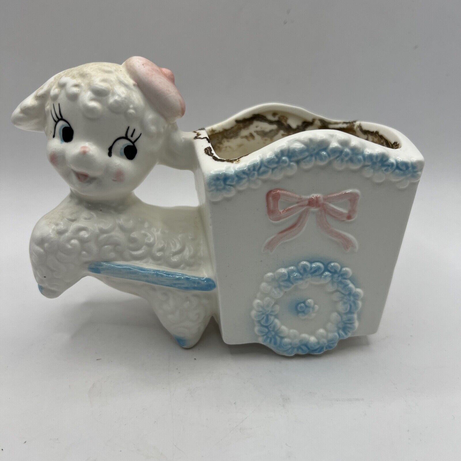 Vintage Lamb with Cart Planter~Baby\'s Room Nursery~Napco C-6587~Japan