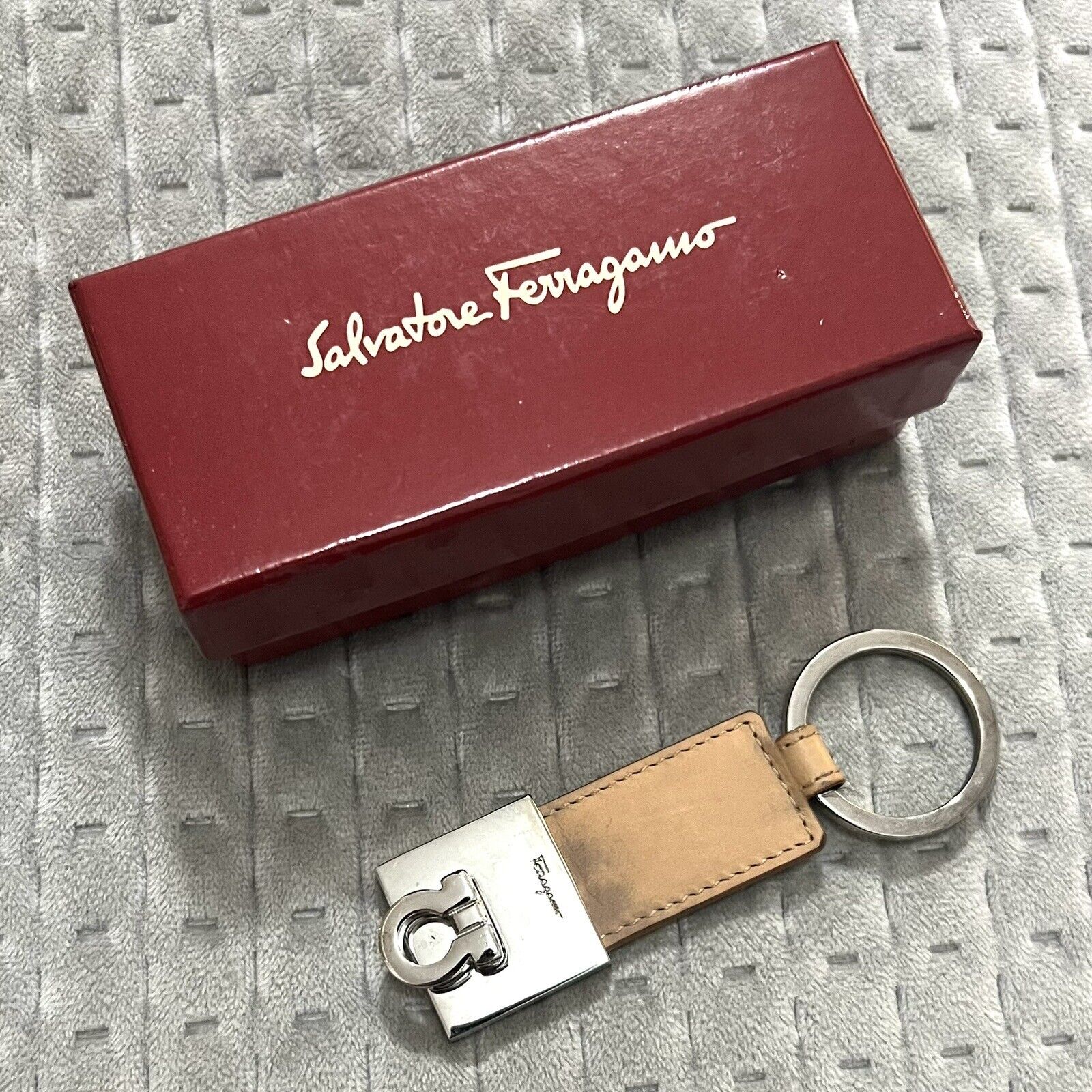 Salvatore Ferragamo Gancini Brown Leather Keychain Authentic With Original Box