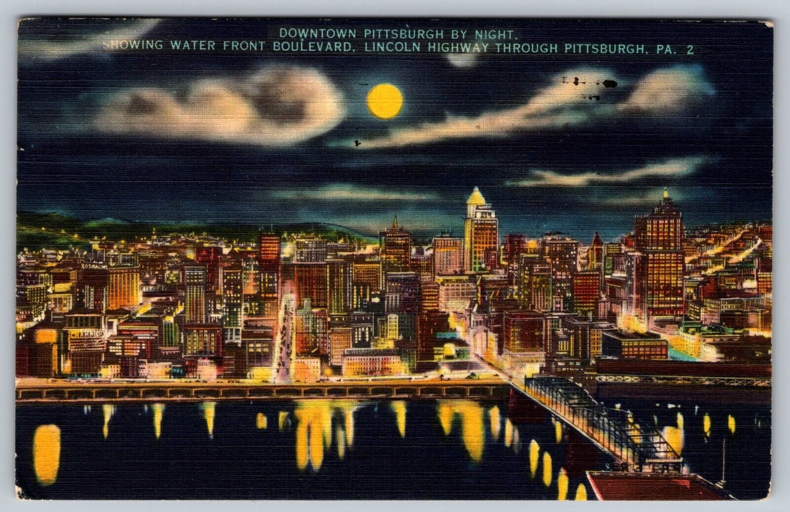 Downtown Pittsburgh at Night Water Front 1951 Postcard - M3