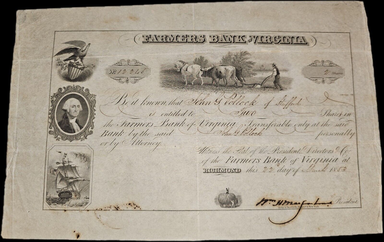 Farmers Bank of Virginia 1853 Stock Certificate John Gray Pollock Two Shares