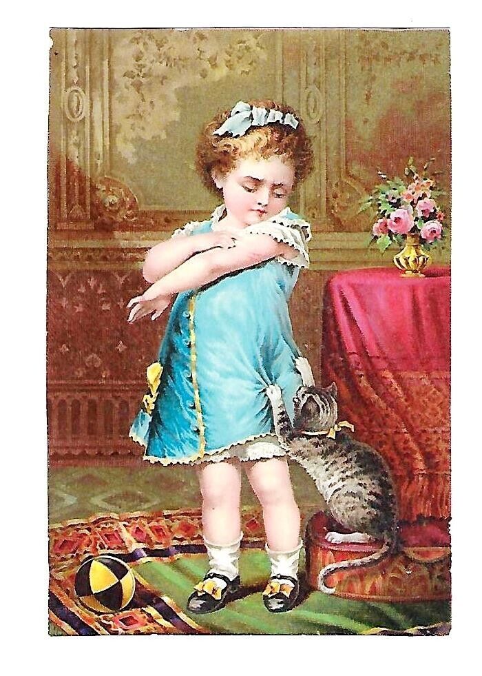 c1890\'s Victorian Trade Card A.H. Peckham, Jayne\'s Tonic Vermifuge, Cat & Girl