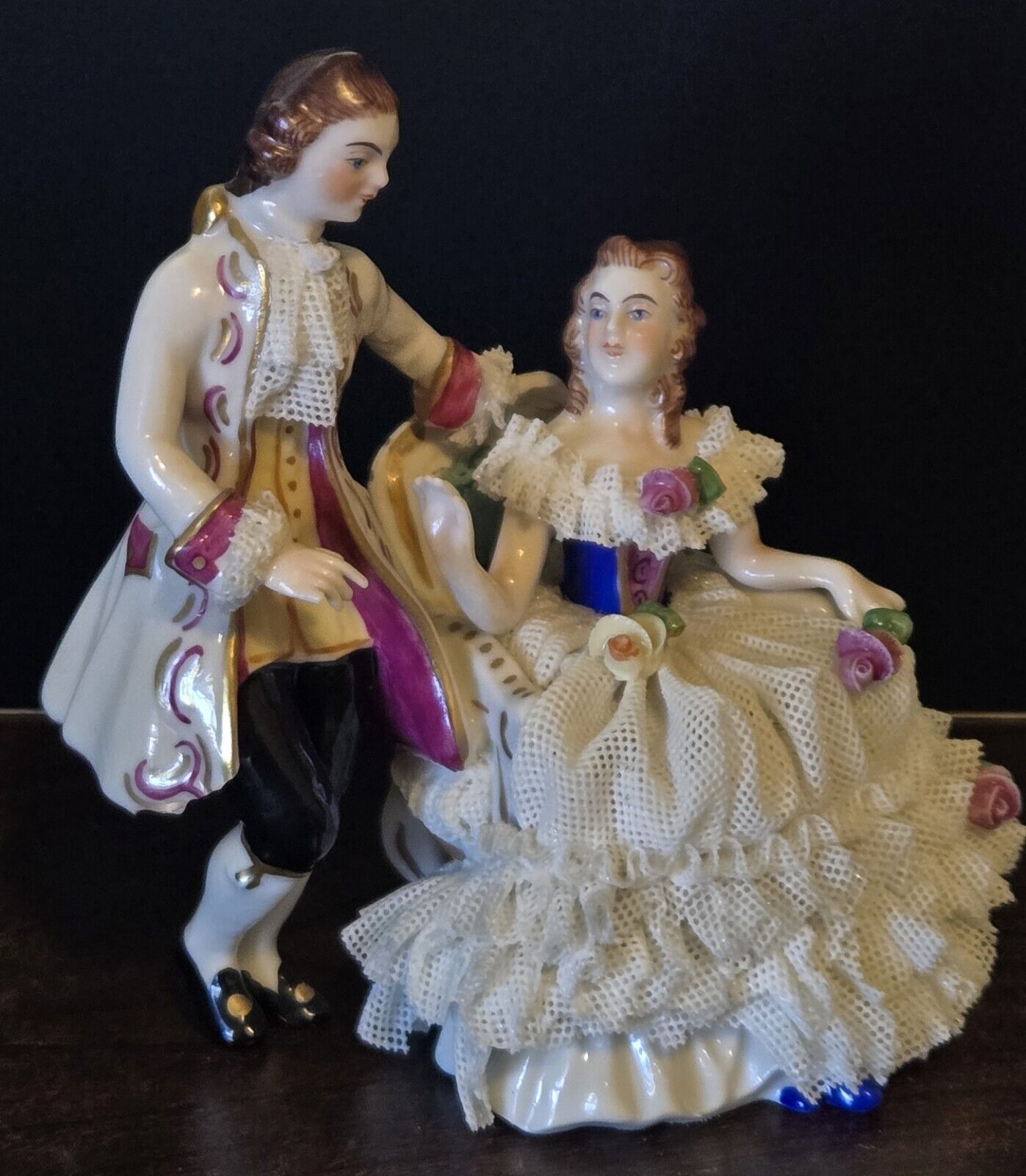 Vintage 1907-49 Porcelain Muller Volkstedt Dresden Lace Courting Couple Germany