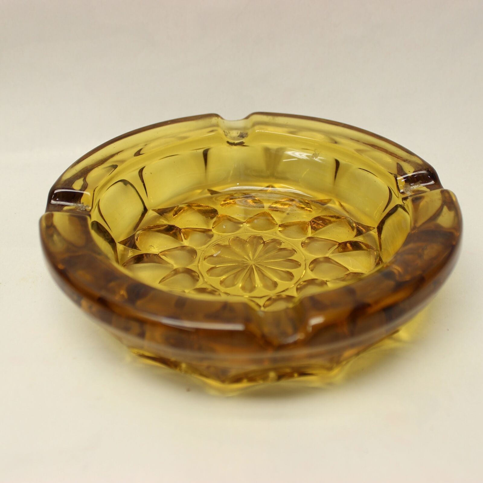 Vintage Round Heavy Amber Glass Cigarette Ashtray