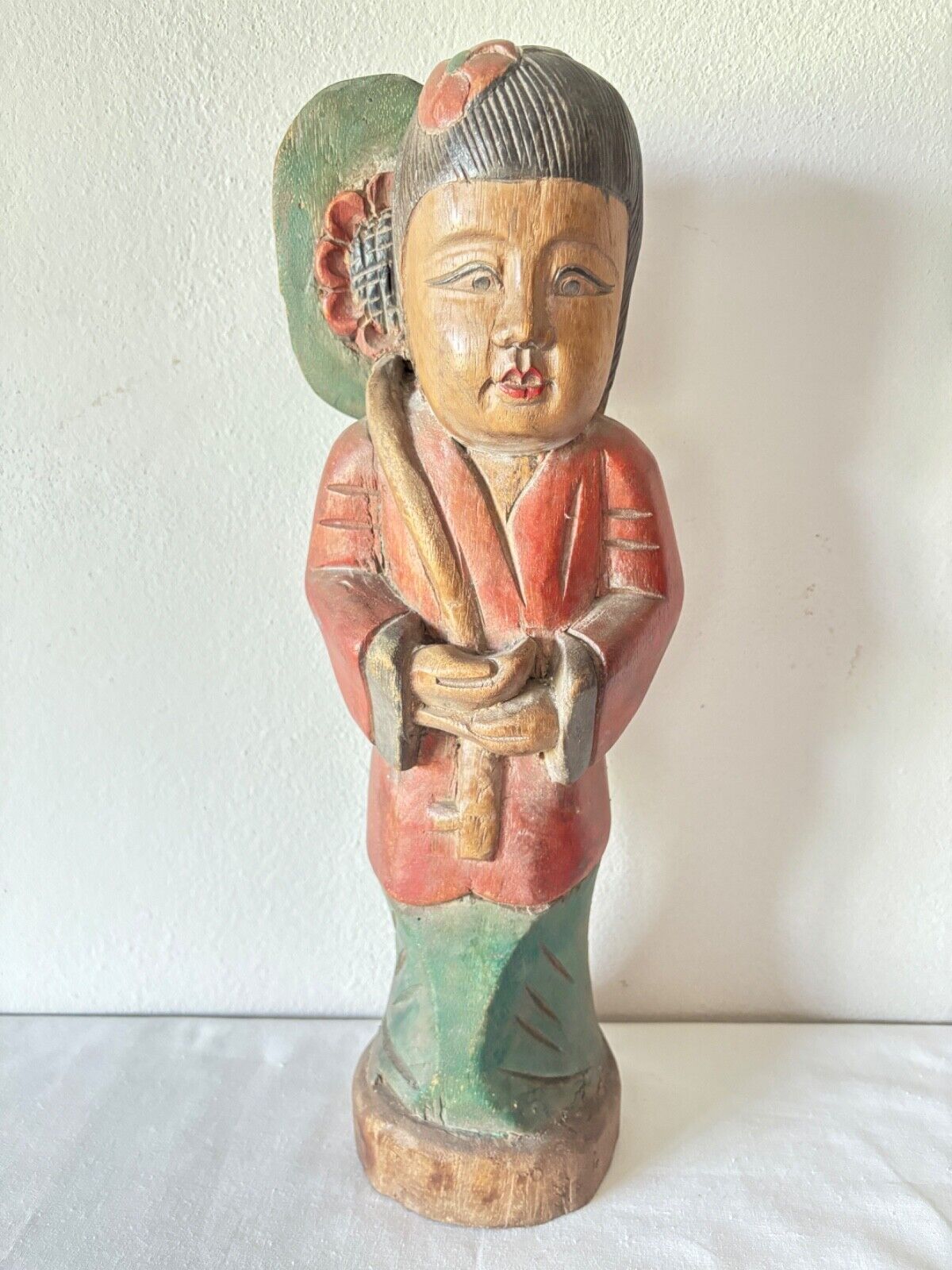 Vintage hand carved wooden Lady with flower figure