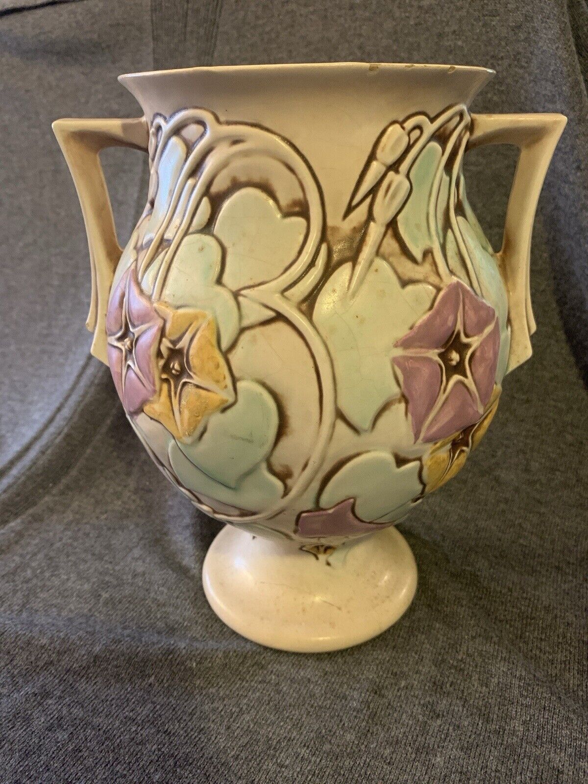 Roseville Vase Morning Glory White 1935 Vintage Art Deco Pottery Ceramic 728-9