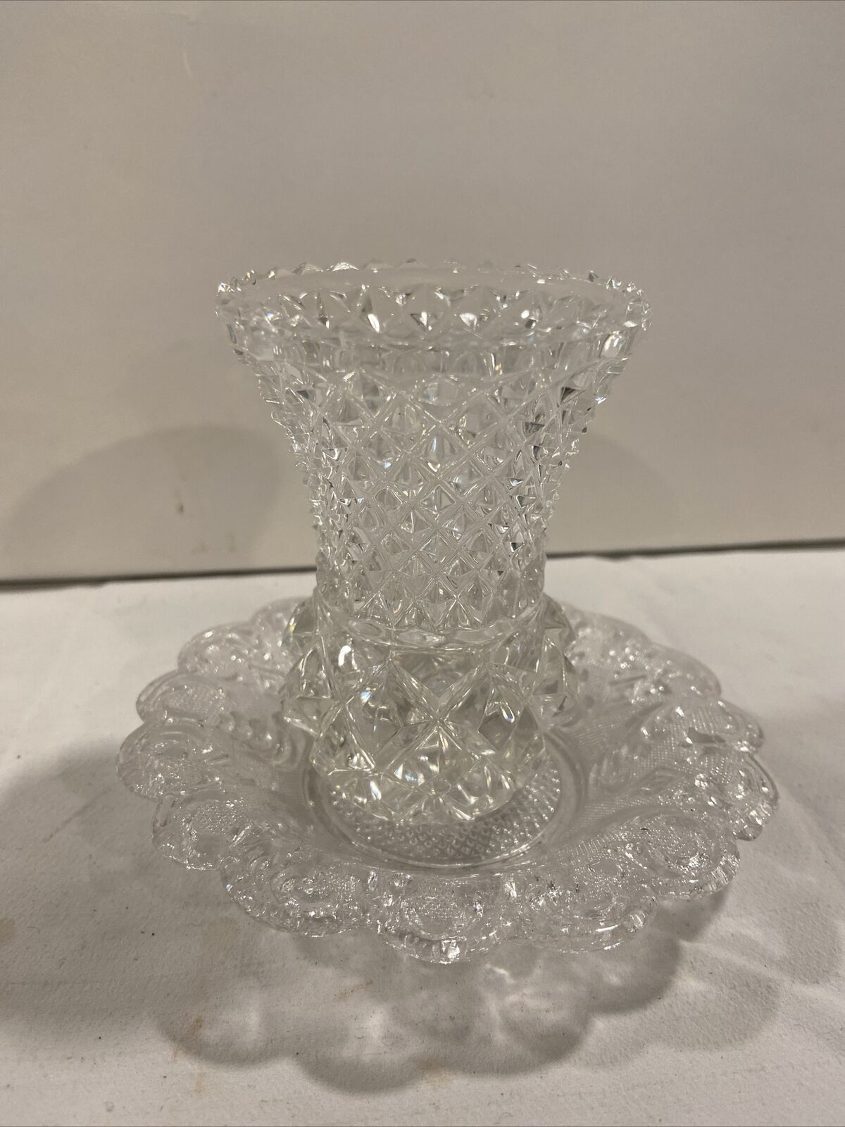 Vintage Small Heavy Cut Crystal Pineapple Shape Vase High Refraction w/saucer-A