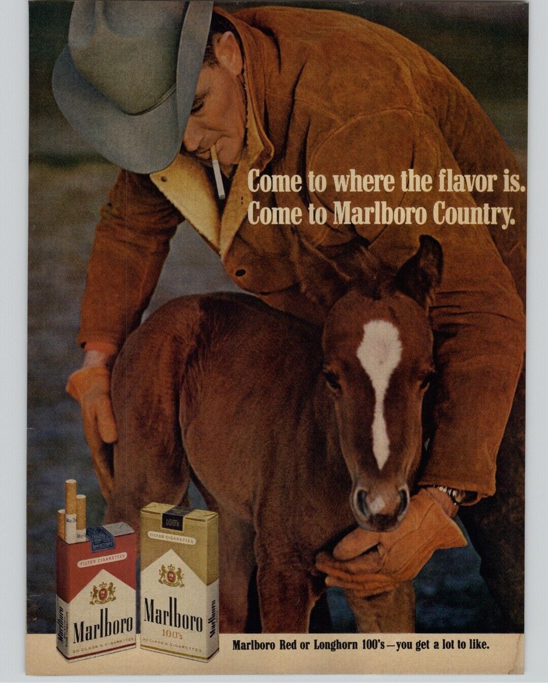 1968 Marlboro Red Pack Longhorn 100 Cigarettes Vintage Ad Cowboy White Face Foal