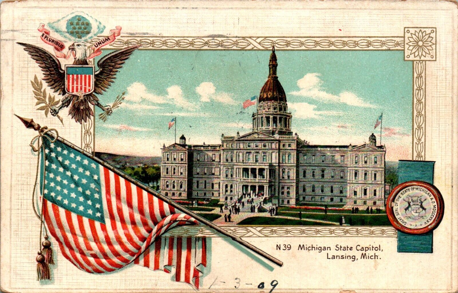 Michigan State Capitol, Lansing, Michigan MI 1909 Postcard