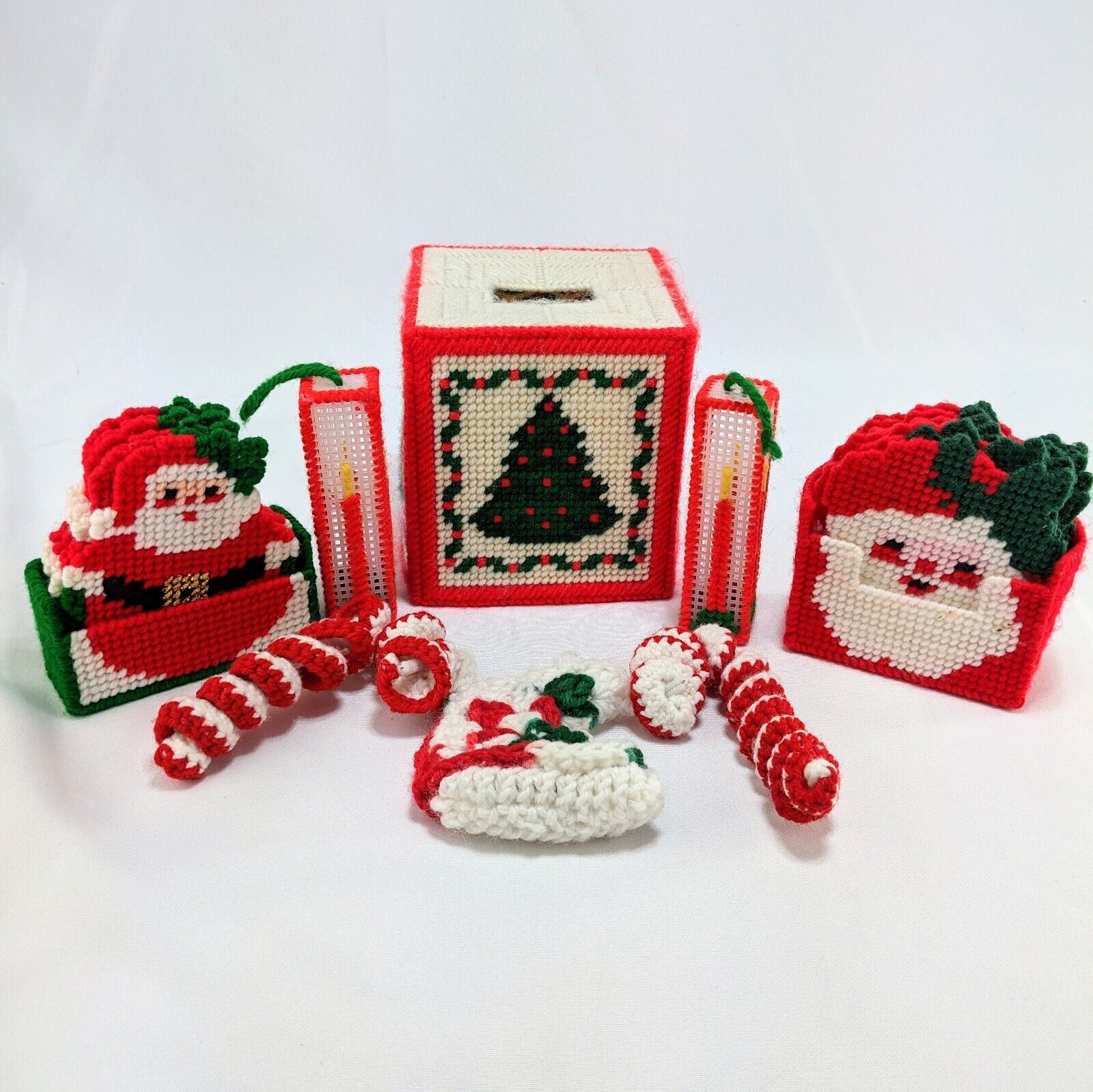 Lot Of 8 Vtg Needlepoint Needle Craft Christmas Coasters Tissue Holder Ornaments