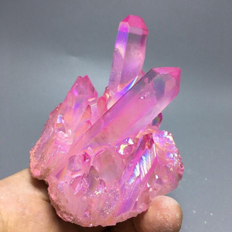Natural Aura Pink Rose Quartz Crystal Cluster Titanium Energy Gemstone Healing