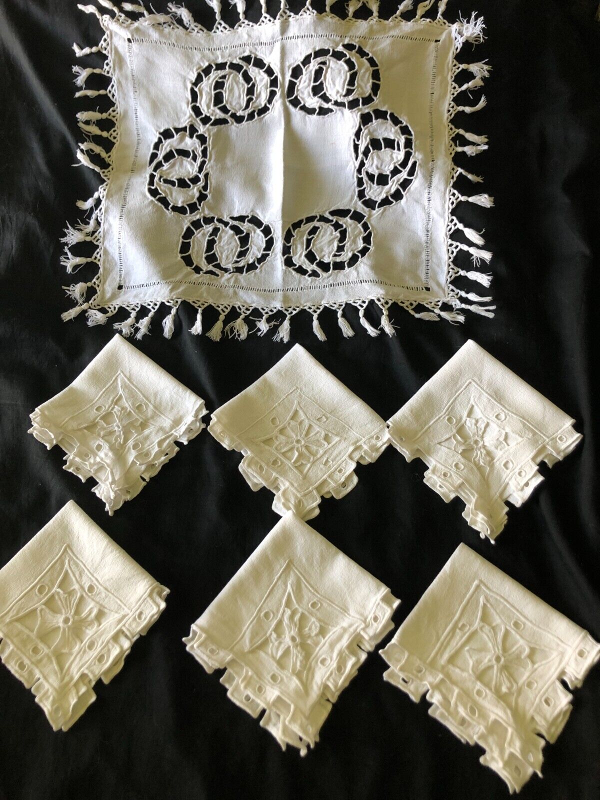 Antique French Art Deco Set 6 White Embroidery Cotton Tea Time Napkins Tea Cloth