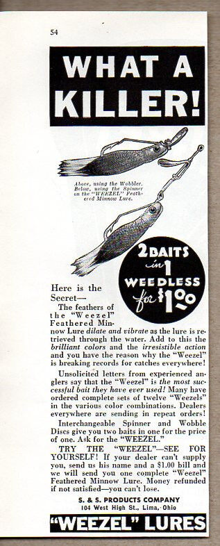 1935 Vintage Ad Weezel Feathered Minnow Fishing Lures S&S Products Lima,OH