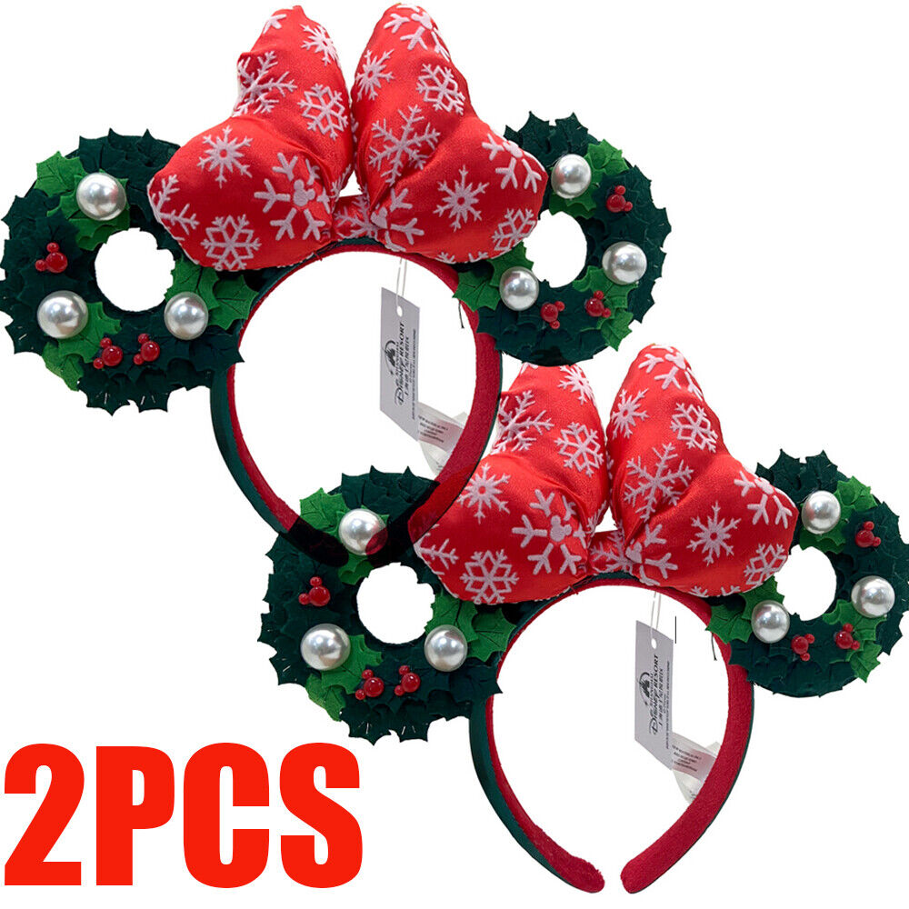 2PCS Disney-Parks Christmas Holiday Wreath Mickey Minnie Ear Headband