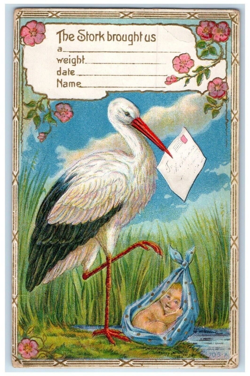 c1910's Stork Delivering Baby Flowers Embossed Posted Antique Postcard
