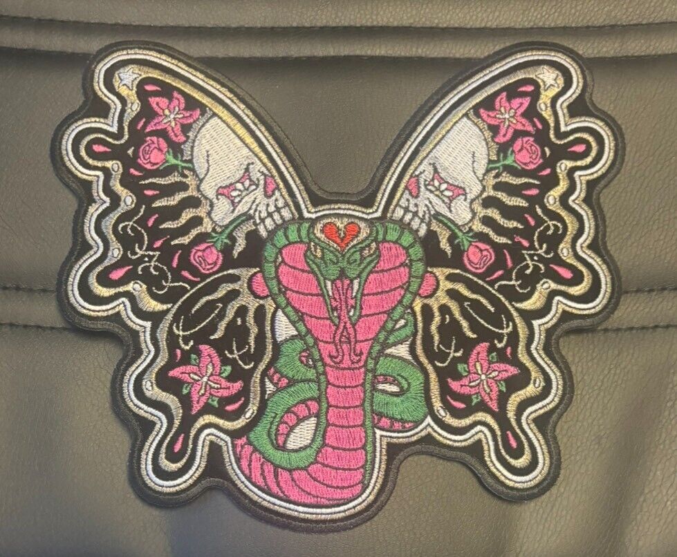 GLITTER SNAKE WITH SKULL AND HEARTS WOMENS BIKER PATCH IRON ON 9 INCH