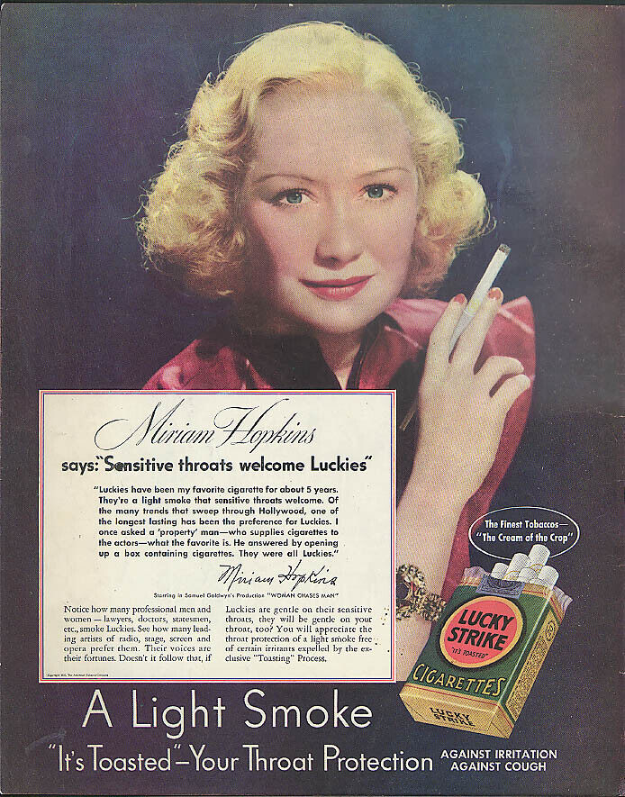 Miriam Hopkins in Woman Chaes Man for Lucky Strike Cigarettes ad 1937