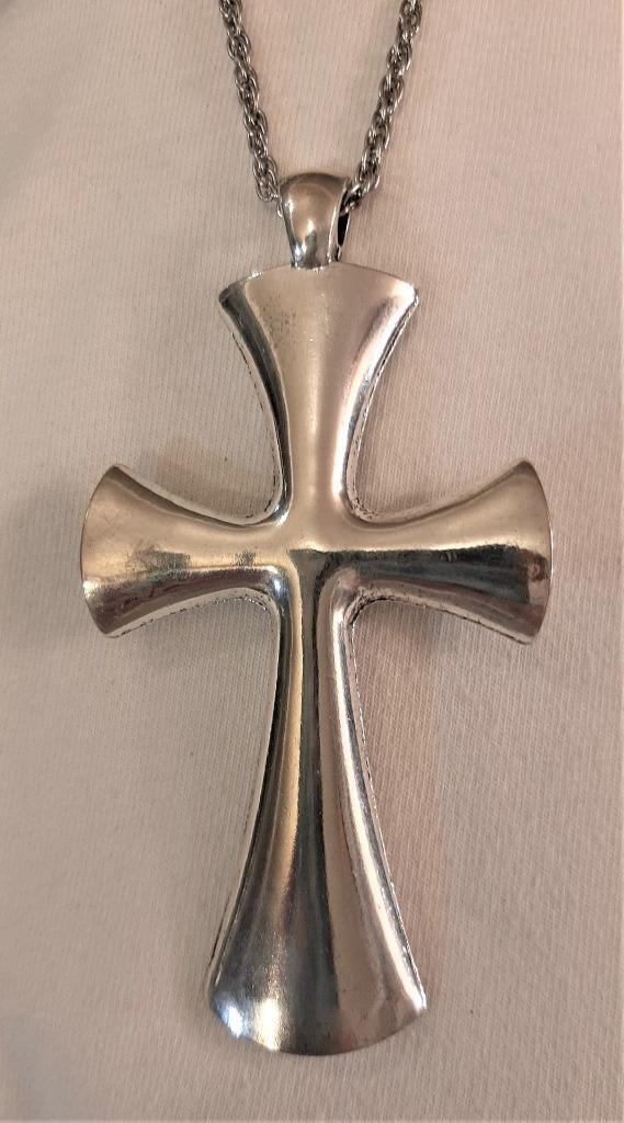 Large Sloped Brushed Finish Silvertone Pectoral Cross Religious Pendant Necklace