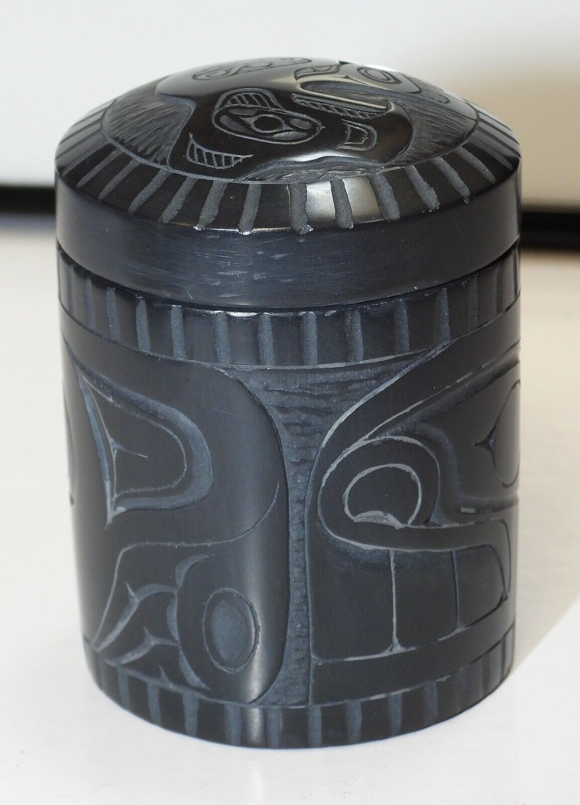 Vintage Haida Hand-carved Argillite Small Round Box w/ Lid by Denny Dixon 2002