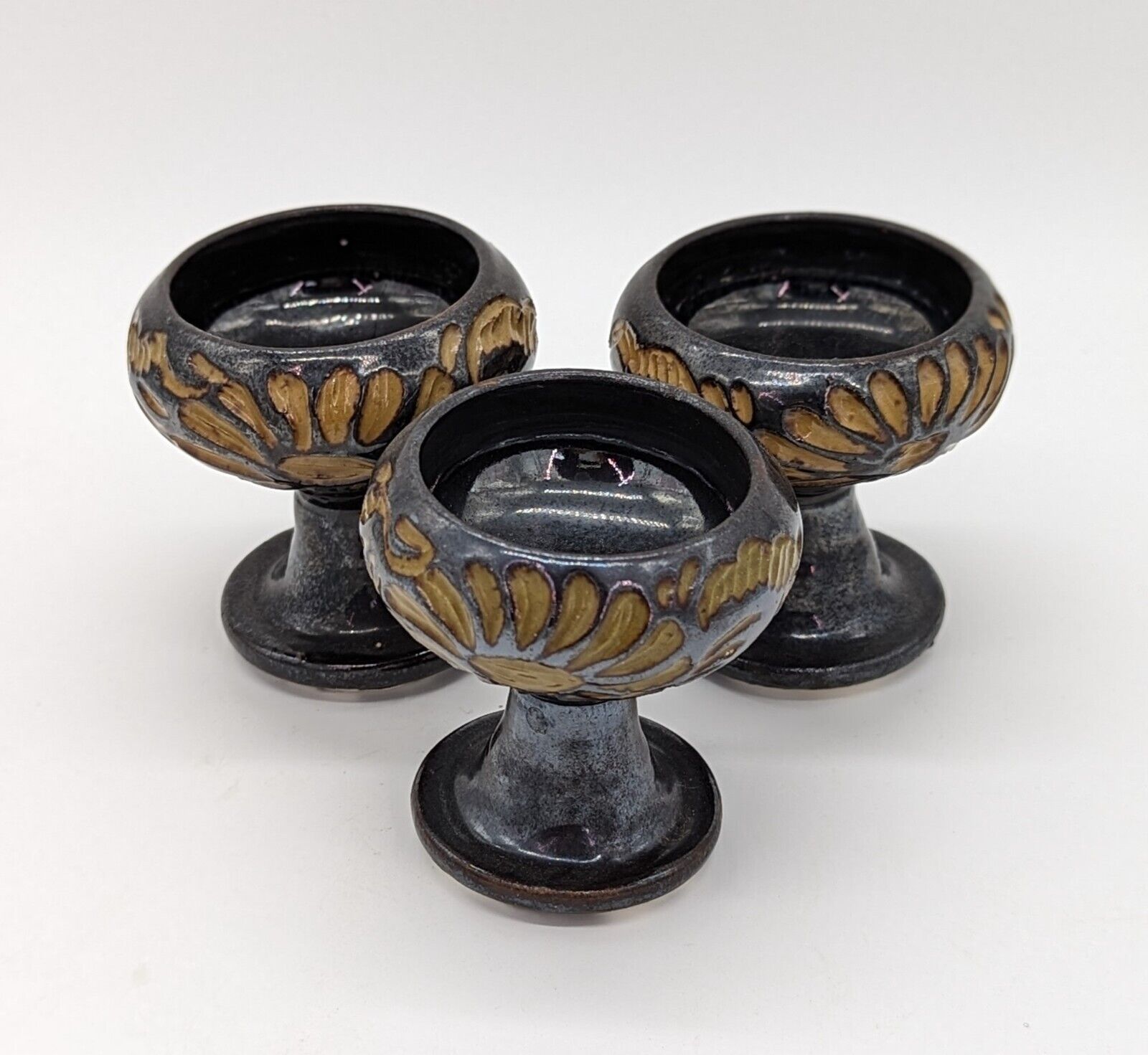 Vintage Studio Art Pottery Ceramic Etched Flowers Tea Light Candle Holders 2.5\