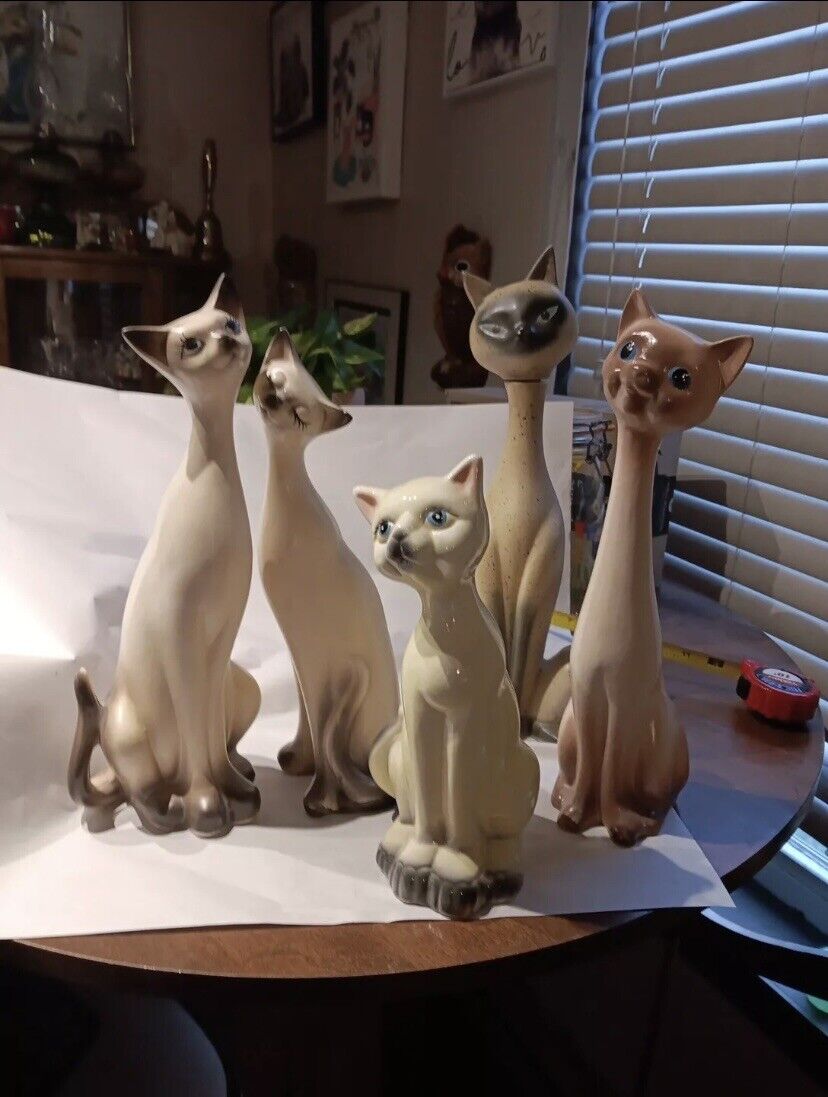 Vintage Lot Of 5 MCM 1950s Ceramic Siamese Cat Figurines Made in Japan 10\