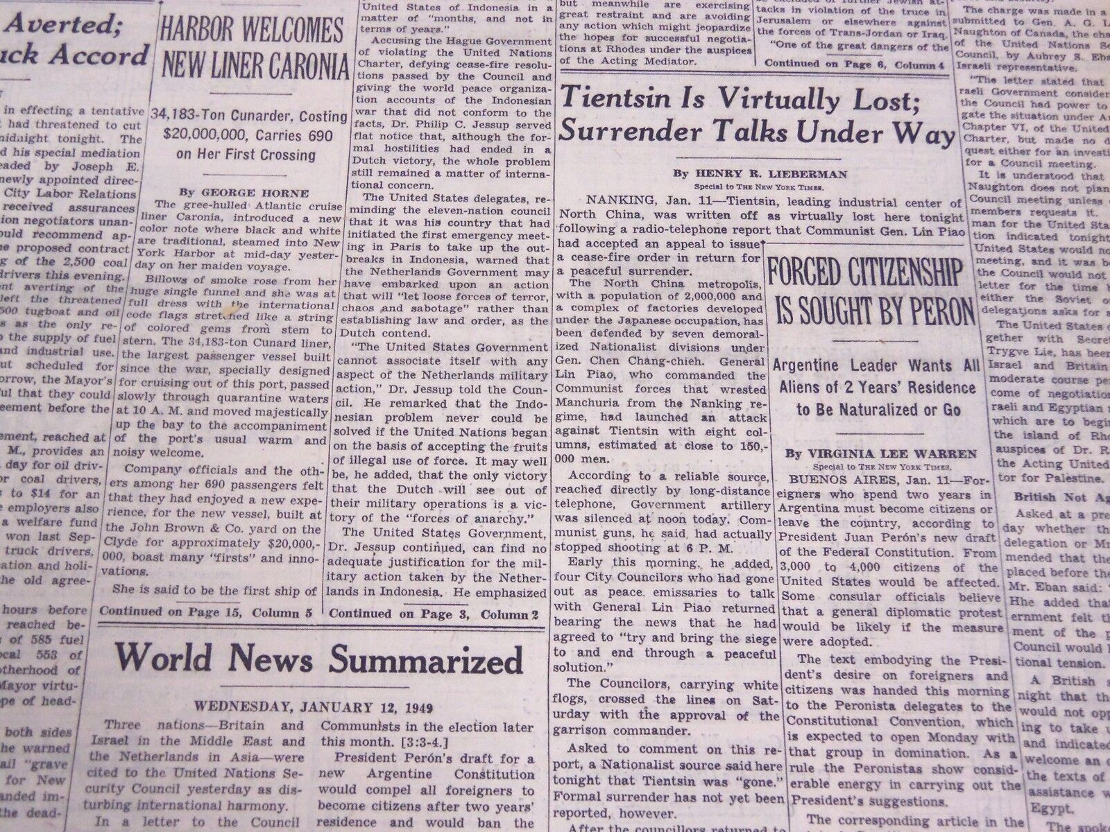 1949 JANUARY 21 NEW YORK TIMES - TIENTSIN IS VIRTUALLY LOST - NT 3193
