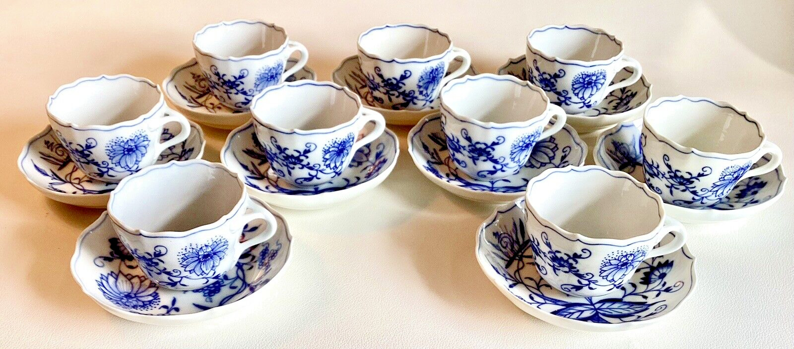 Set Of 9 Antique MEISSEN Demitasse Cups BLUE ONION Cups & Saucers