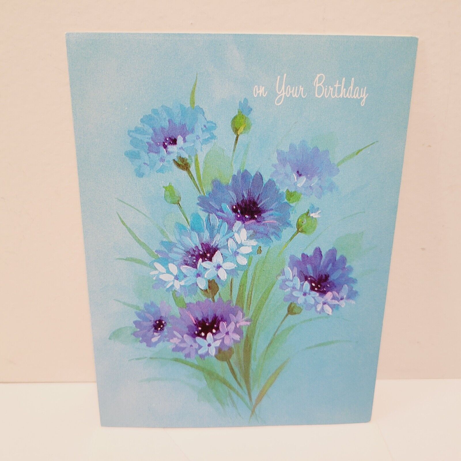 Vtg Heartland Classic Blue floral Cornflower Button Birthday Greeting Card CL