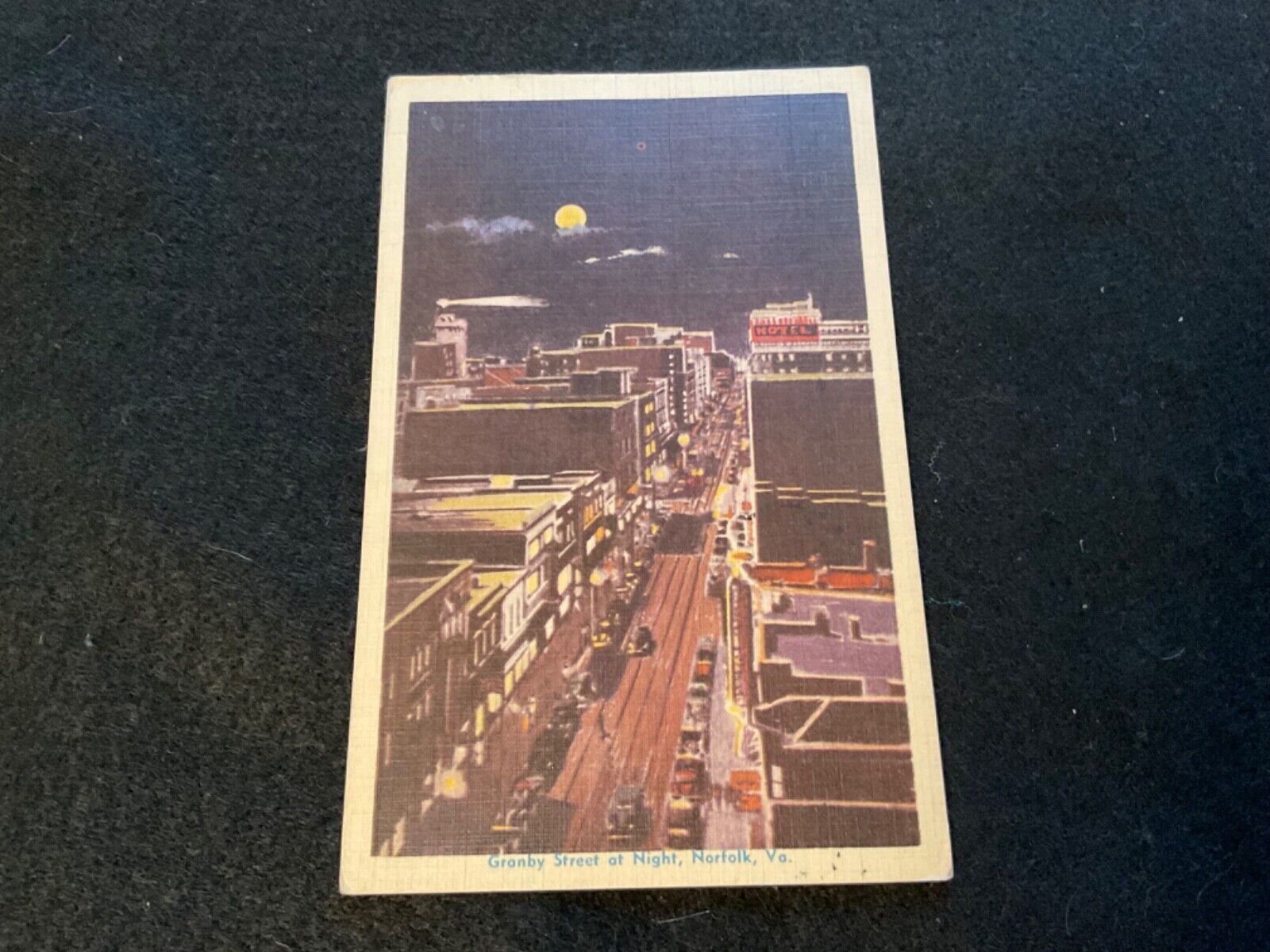 1948 Norfolk Virginia Grady St at night Linen Postcard Moonlight WW2 Shipyard