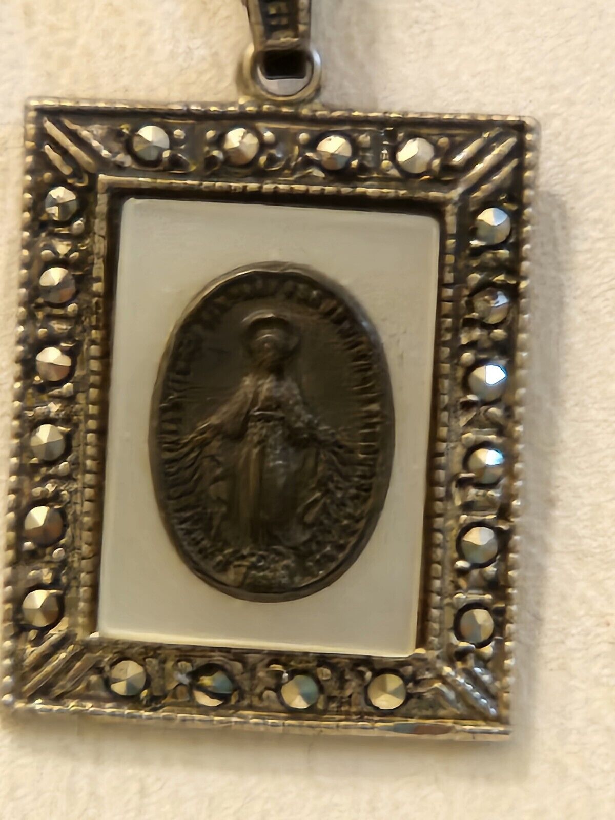 Vintage Blessed Virgin Mother Mary Sterling Silver Medal With Marcasites