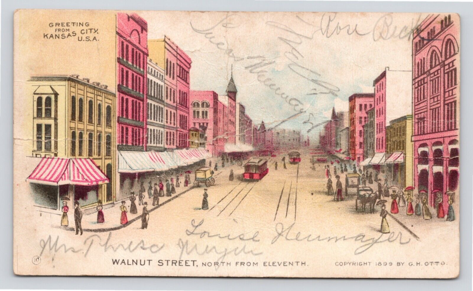 Walnut Street Scene Greetings Kansas City MO USA Private Mailing c1899 Postcard