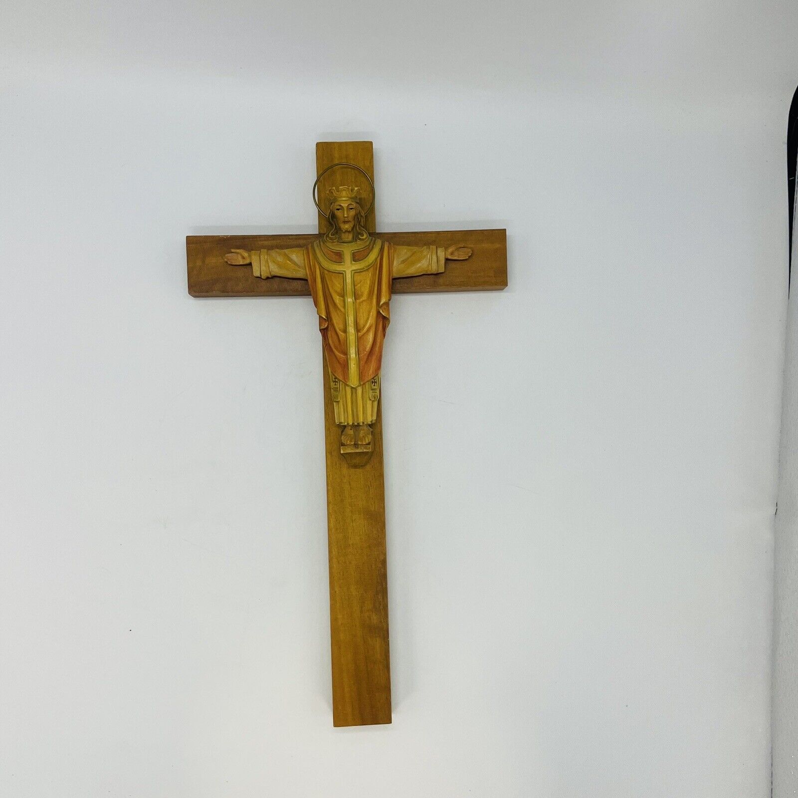 Vintage Italian ANRI Wooden Crucifix with Halo  12.75” tall Wall hanging