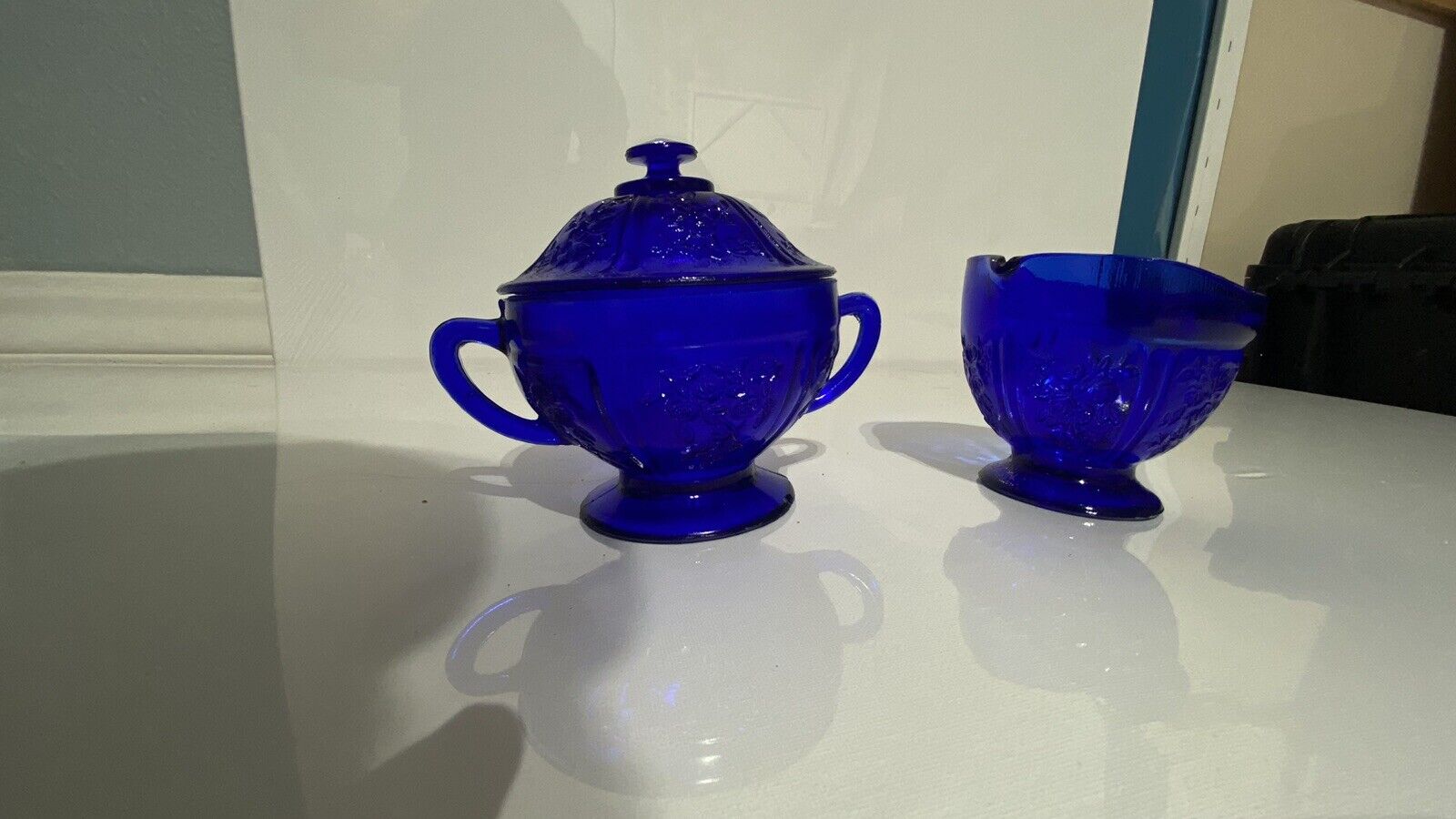 Vintage Cobalt Blue Etched Embossed Glass Floral Footed Lidded Sugar Creamer Set