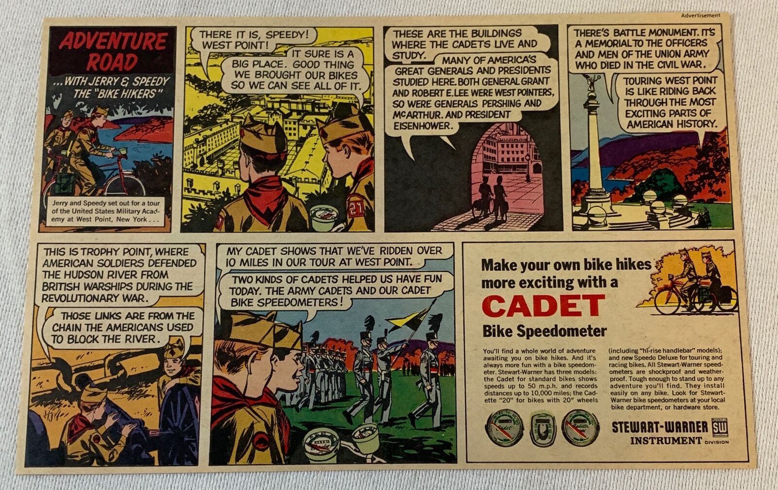 1966 Cadet Bike Speedometer cartoon ad ~ MILITARY ACADEMY AT WEST POINT