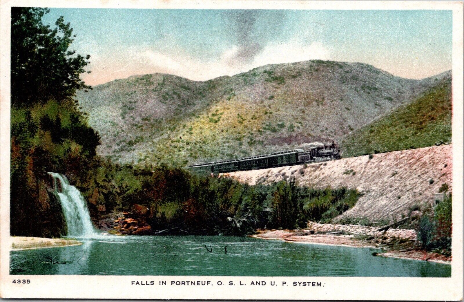Postcard Falls in Portneuf OSL UP Union Pacific Oregon Short Line RR train JC13