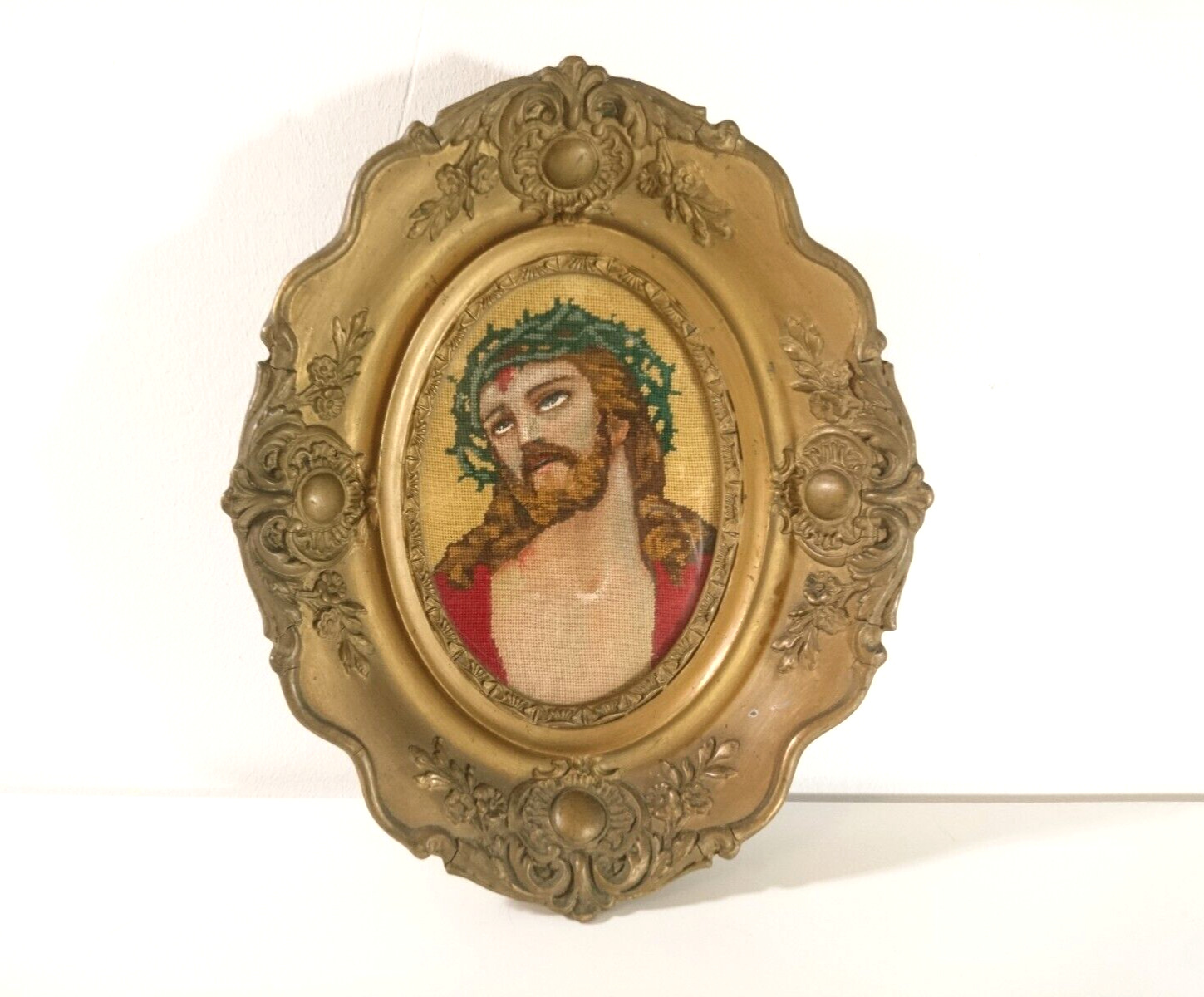 Antique Oval Picture Frame With Needlepoint Jesus 1910s Austria-Hungary