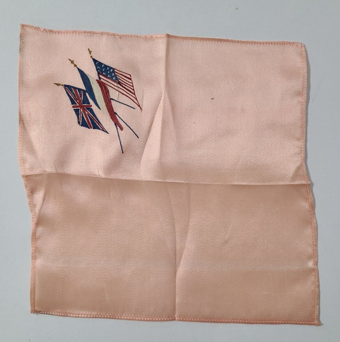 Vtg 1940s WWII Hand Painted Allied Flags Hanky Pocket Square French British US