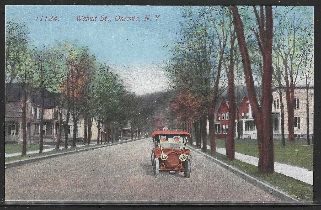 View of Early Car on Walnut St., Oneonta, New York, Early Postcard , Unused