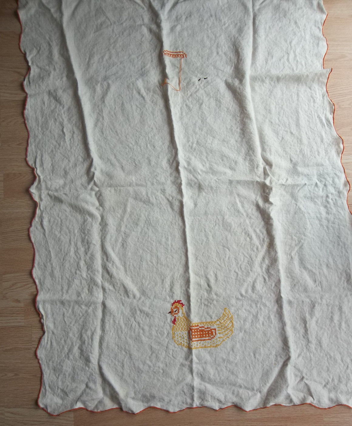 Vintage Cross Stitch  Linen Tablecloth Chicken - Unfinished