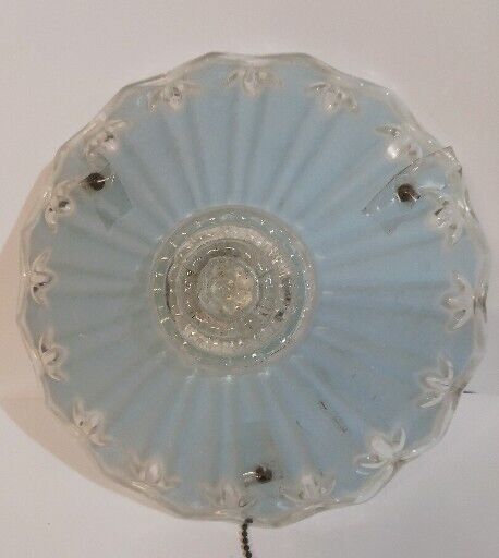 Vtg Art Deco Frosted Blue Glass Light Shade 3 Hole Chain Ceiling Fixture Globe 