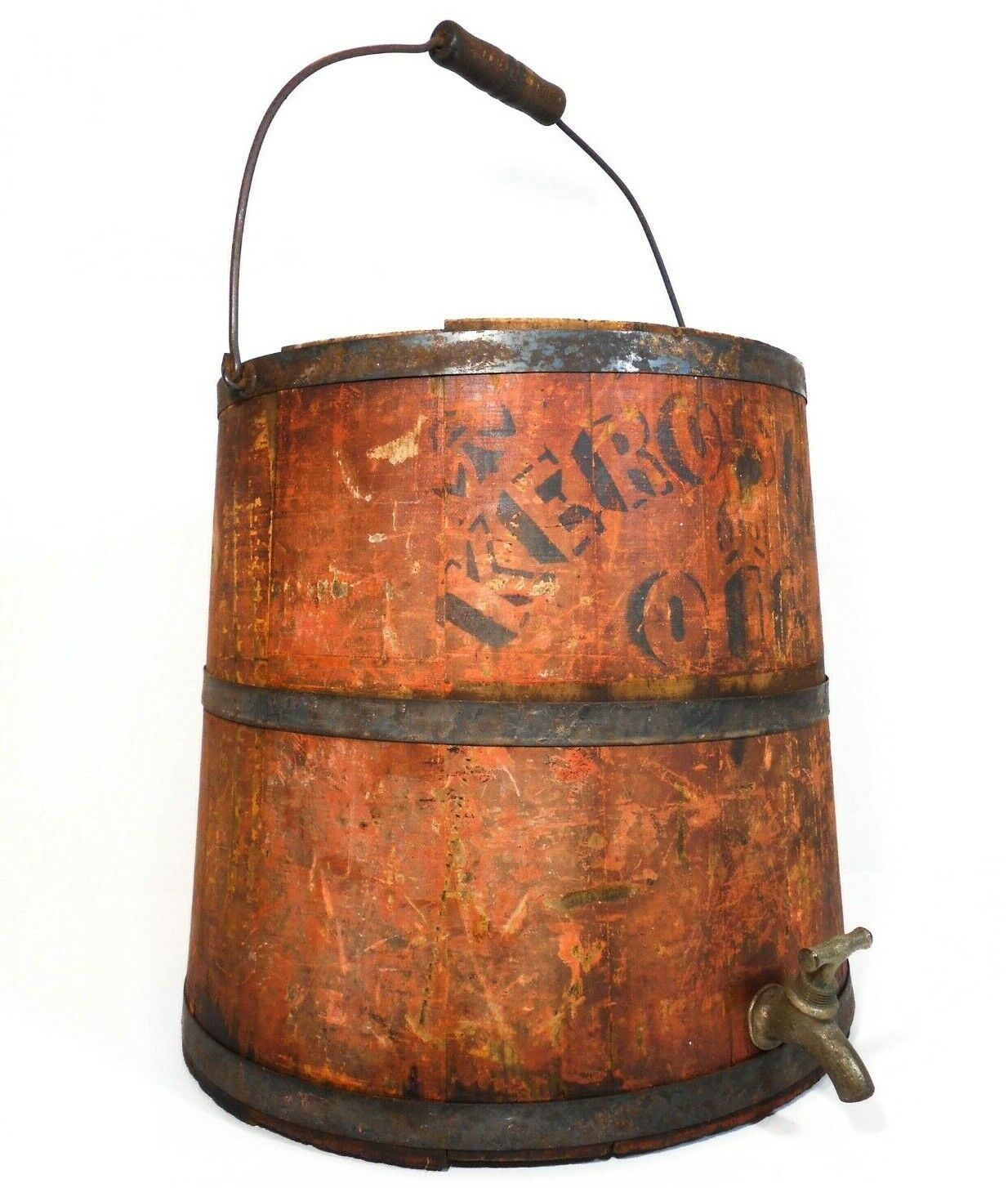 MID-LATE 19TH C RED PNTD/STENCILED STAVED WOOD KEROSENE OIL BUCKET W/WIRE HANDLE