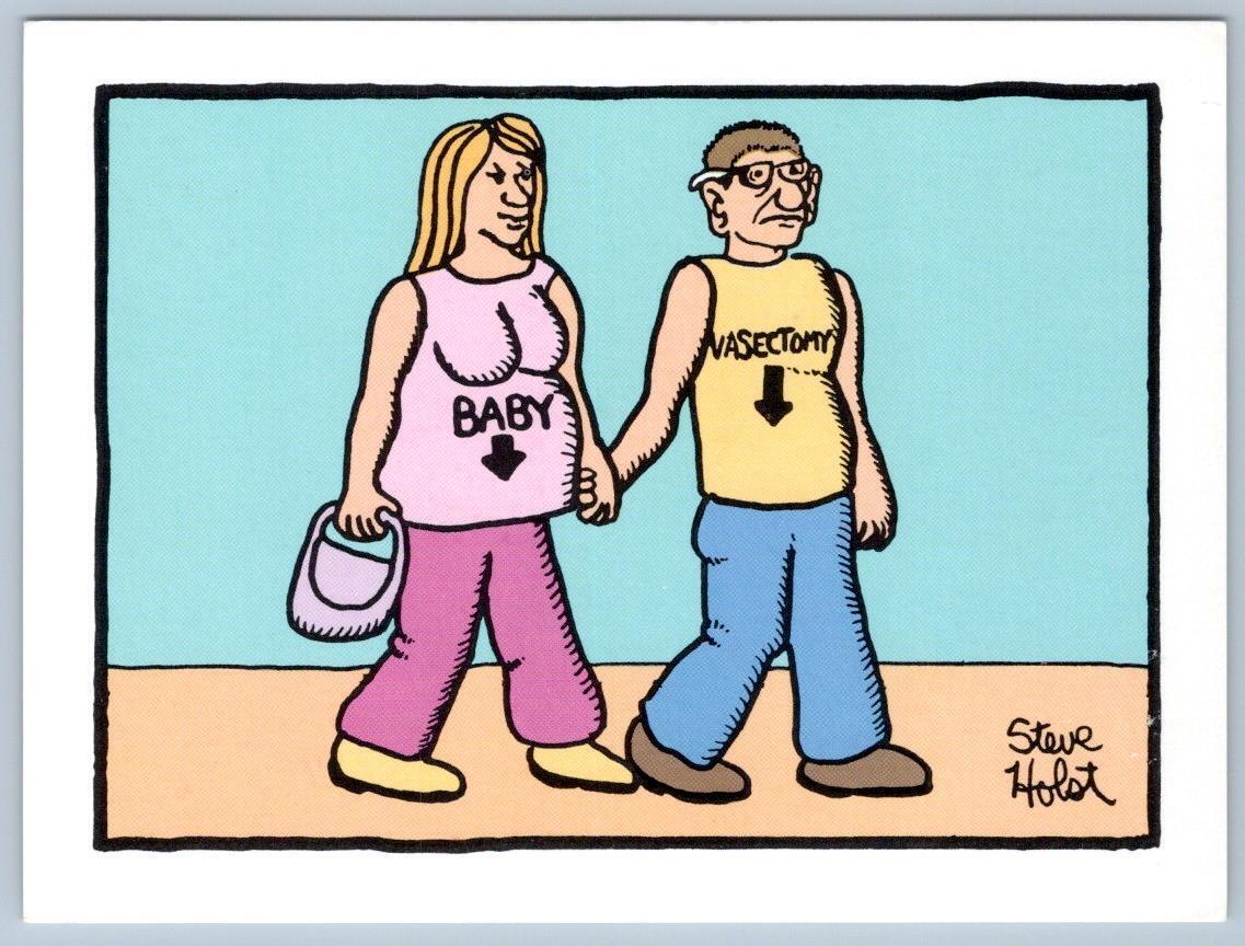 1980\'s COUPLE WEARING BABY & VASECTOMY T-SHIRTS*STEVE HOLST POSTCARD HUMOR