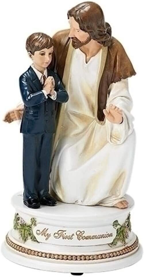 My First Communion Young Boy with Jesus Musical Figurine Play The Lord's Prayer
