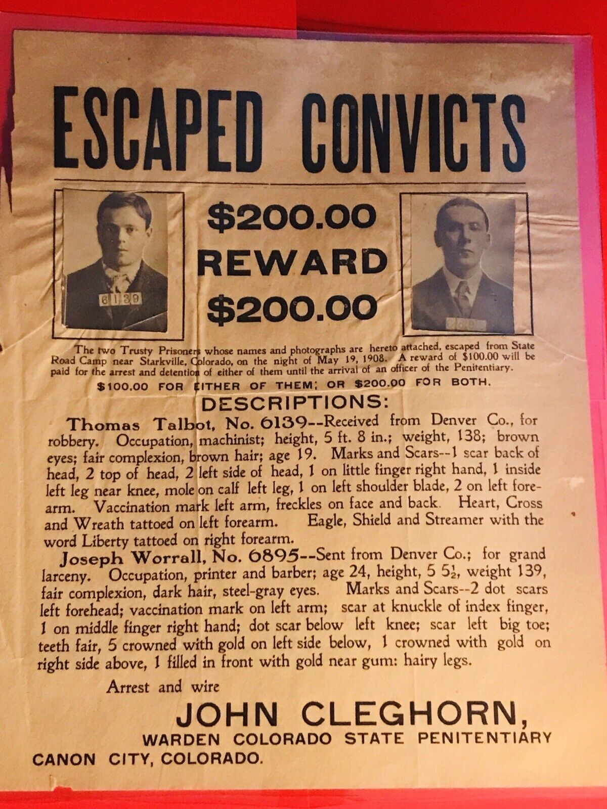Vintage wanted poster ￼Escape Convict  1908 Starksville Colorado Not A Reprint)￼
