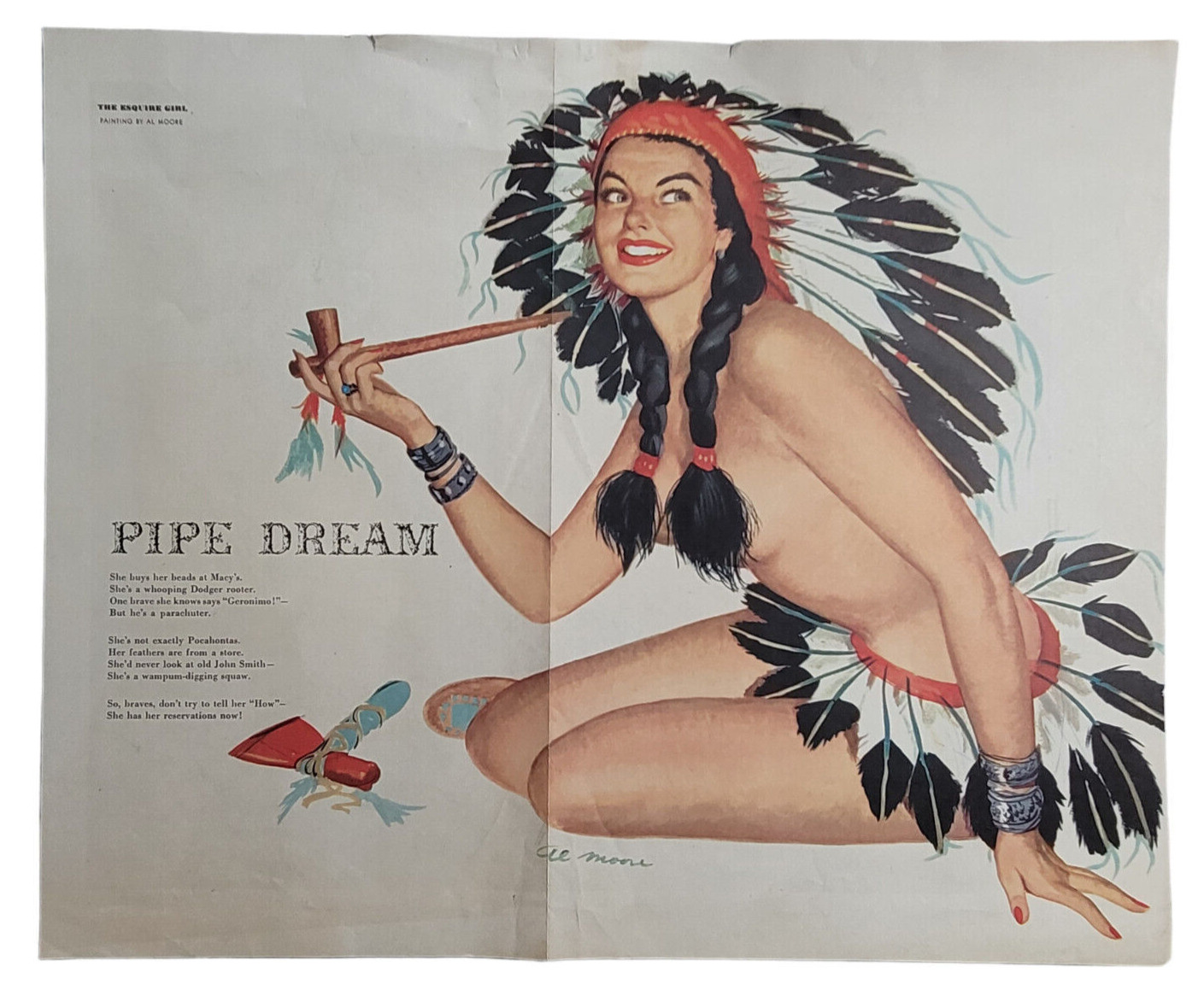 Al Moore Vintage 1950 Original Esquire Pinup Pipe Dreams Native Girl