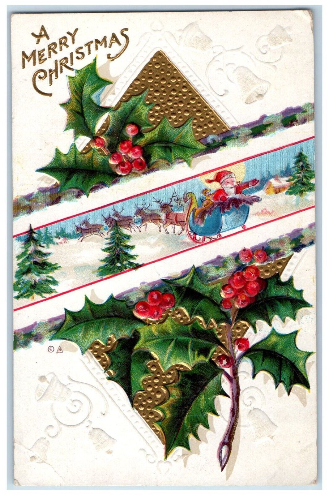 c1910's Merry Christmas Santa Claus Deer Sleigh Holly Berries Nash Postcard